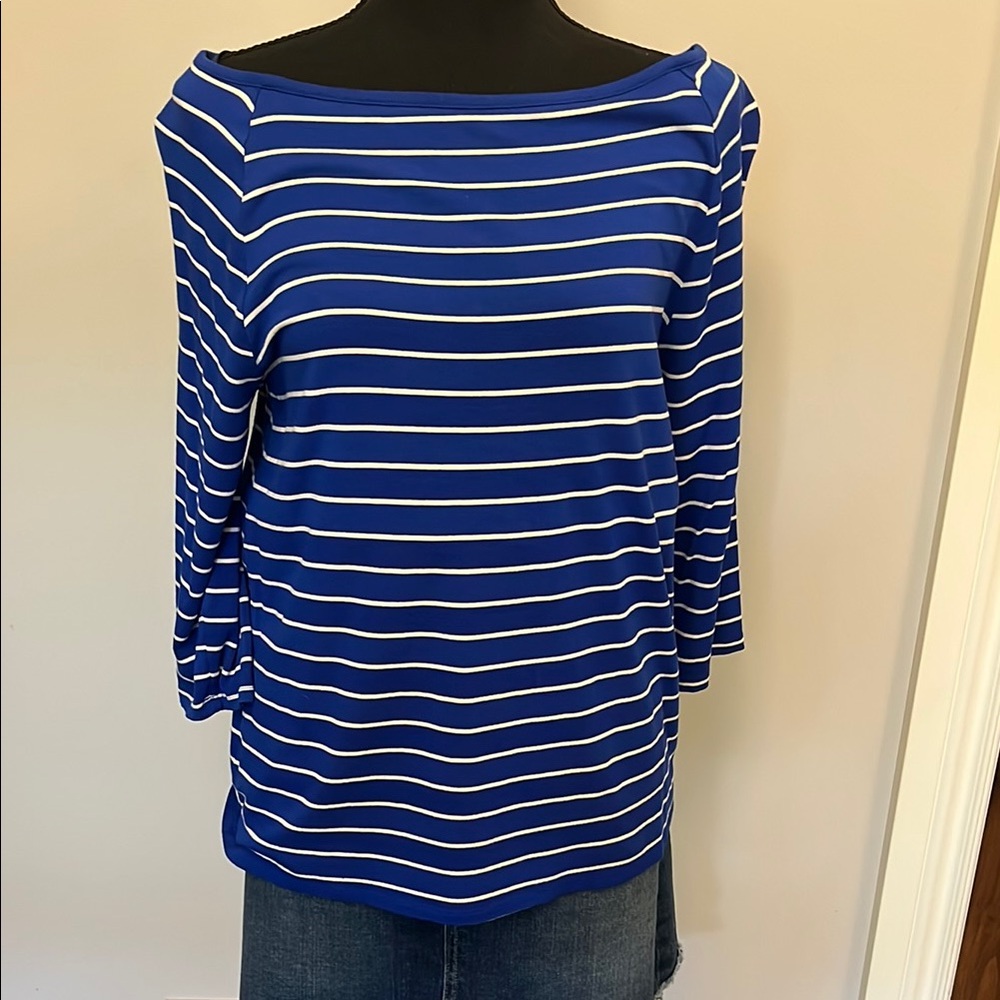 Chico's Navy and White Striped Long Sleeve Top